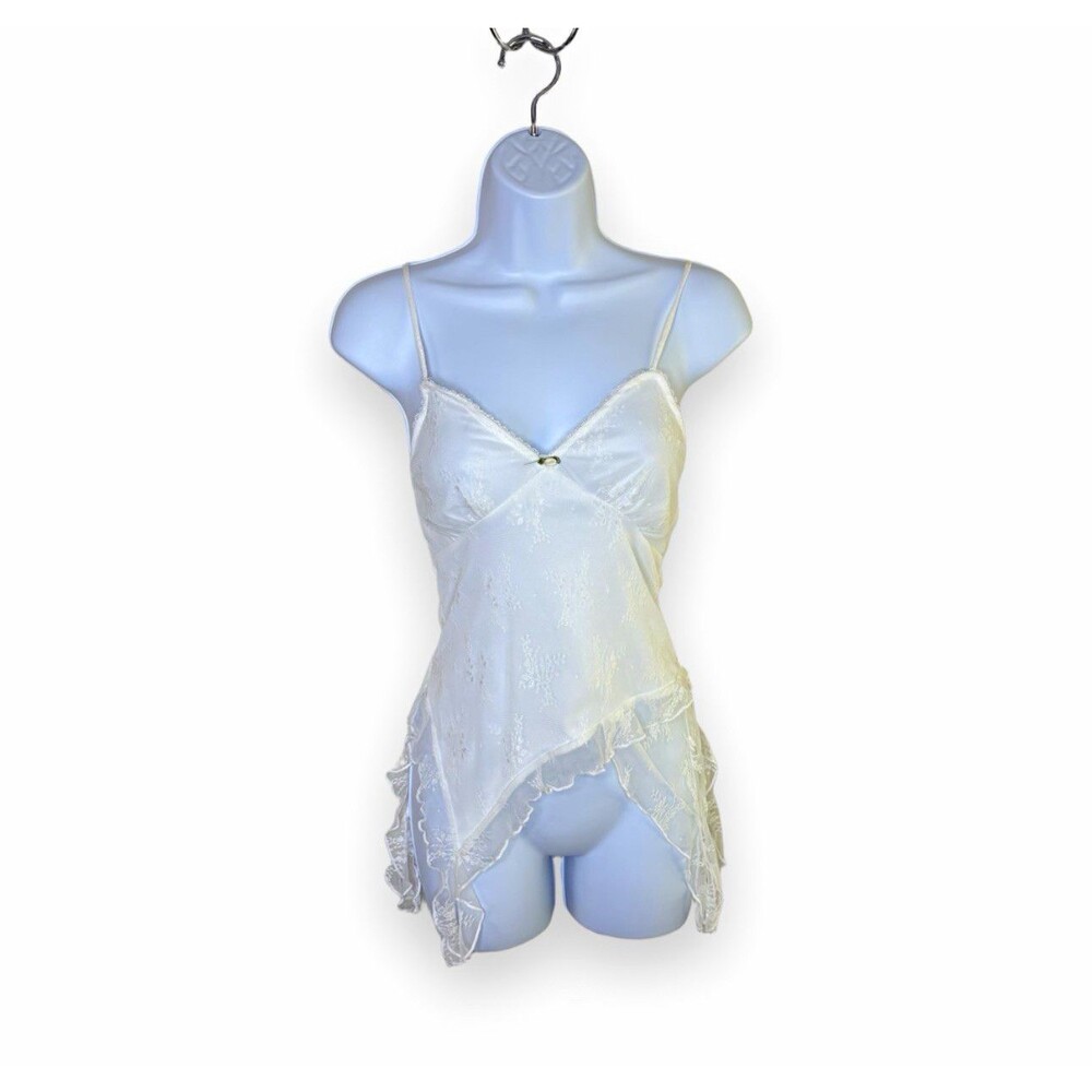 KIRIOUS Los Angeles White Satin Ruffle V-Neck Chemise, Women’s S